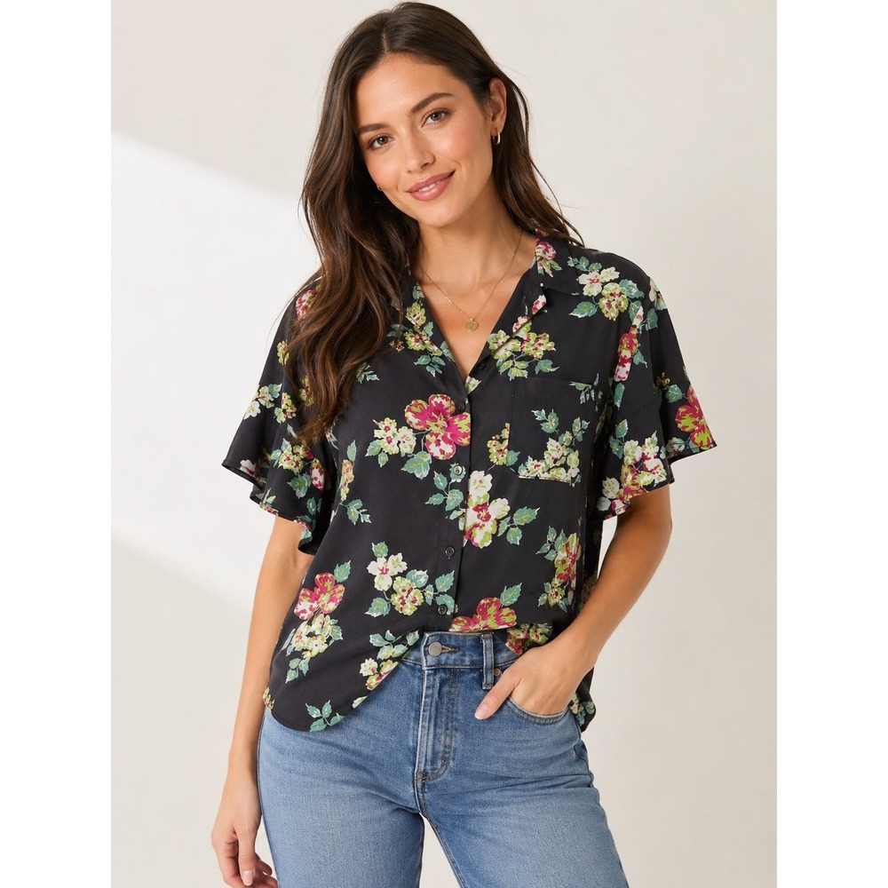 Tolani Collection Women's Medium Modal Floral Button Front Flutter Sleeve Blouse